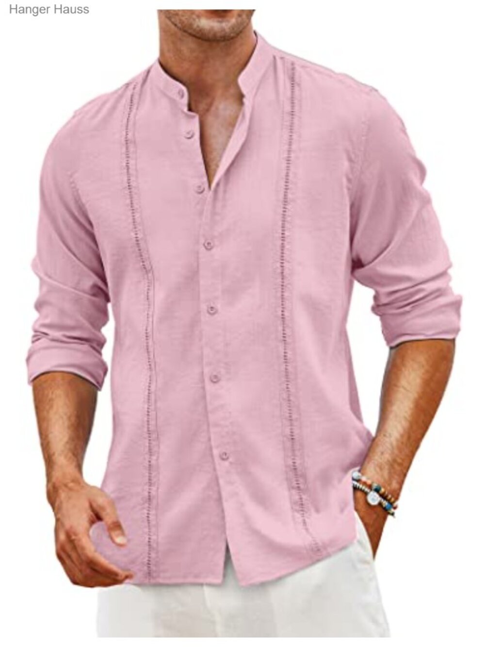 Mens Guayabera Shirt Long Sleeve Linen Summer Beach Casual Button Down